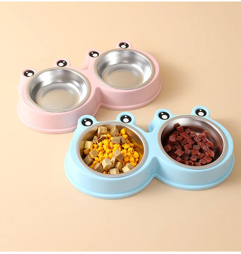 Stainless steel pet double bowl for cat and dog feeding in blue, green, and pink colours.