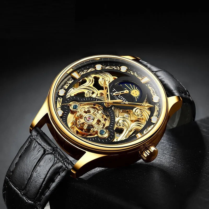 Men's gold leather strap automatic mechanical watch with sunray dial on wrist