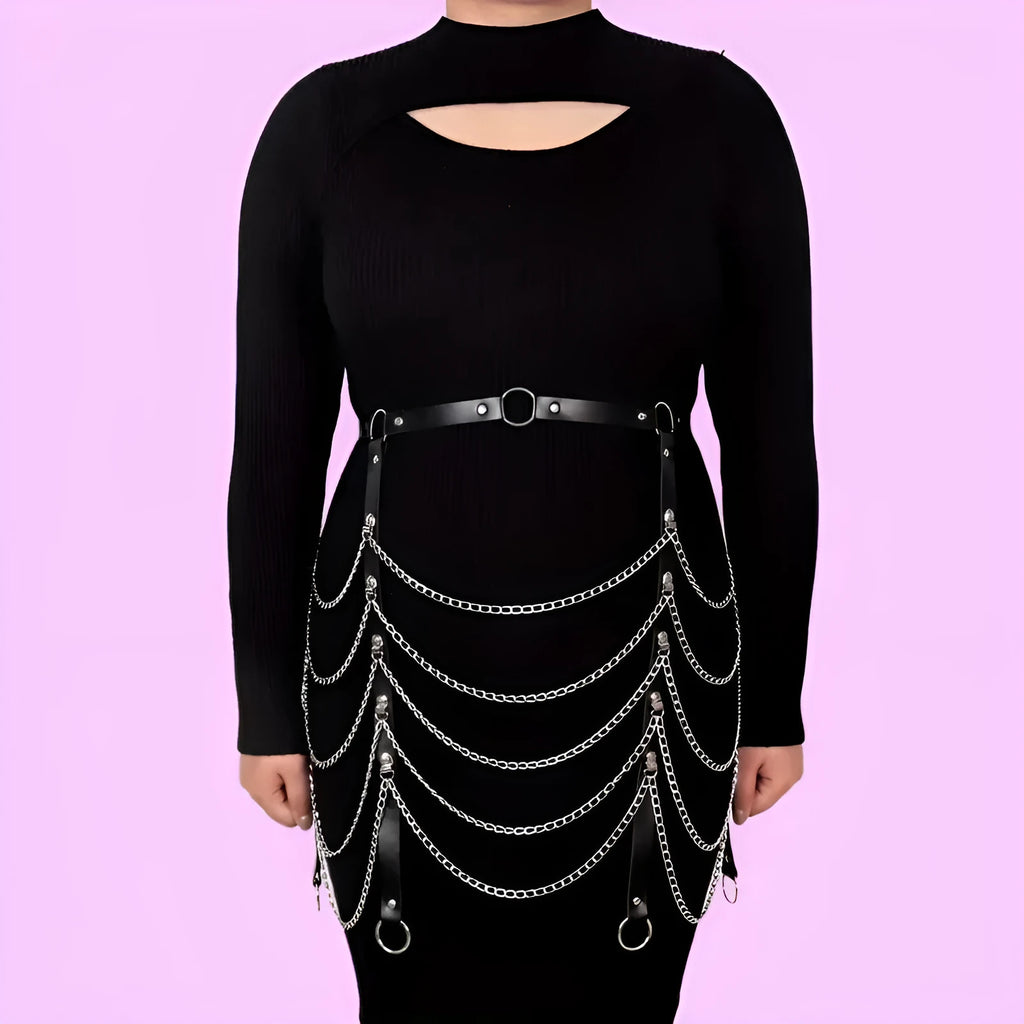 Black PU leather waist chain with bandage binding design for women's decorative clothing ornament