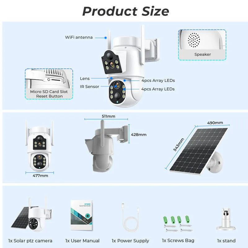 White outdoor solar-powered wifi security camera with solar panel on a wall