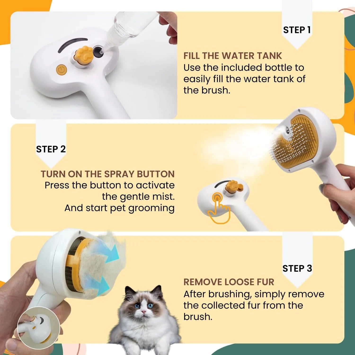 White pet grooming brush with steam function and self-cleaning mechanism for dogs and cats