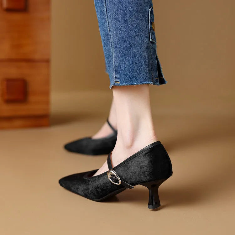 Women's black square toe stiletto heel ankle-strap shoes with horse hair upper on a model.