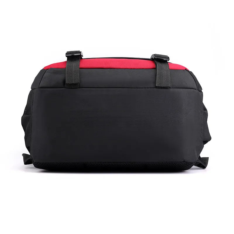 A high school student's nylon backpack with air pillow straps in black, red, blue, or grey colours.