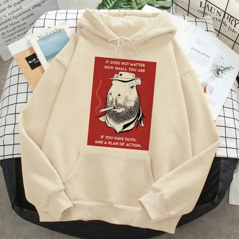 Grey capybara hoodie for women Korean hip hop anime harajuku casual pullover with hood and side pockets on model