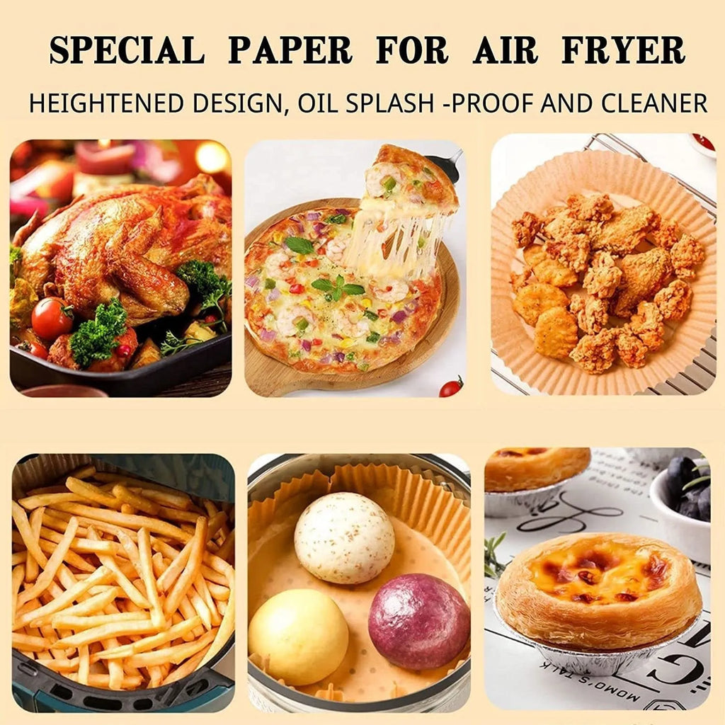 Pack of white round disposable paper liners for air fryer with 4.5cm high edge