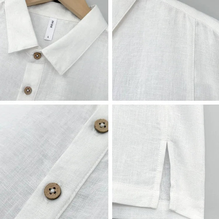 A man's loose-fit linen short-sleeve top in grey green with a V-neck and thin lapels, laid flat.
