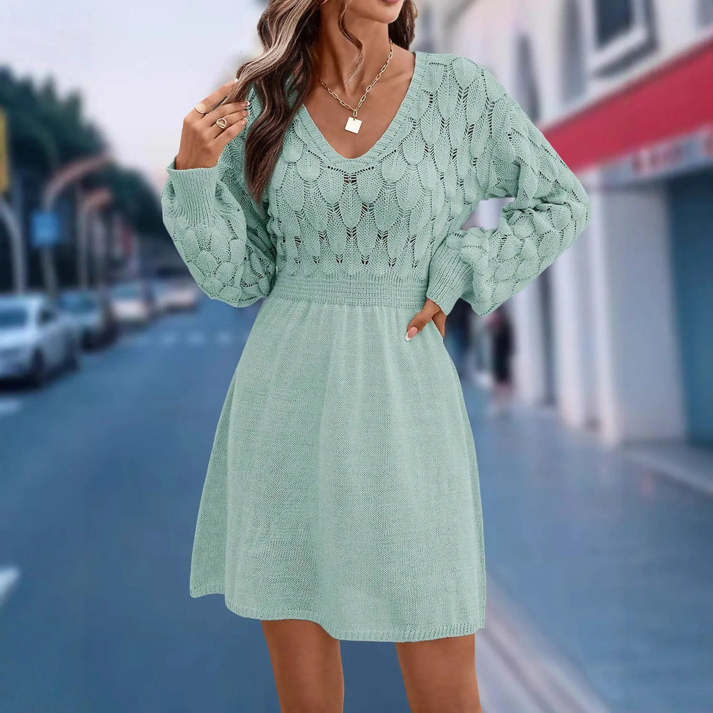 Artistic retro V-neck long sleeve dress in apricot with a high waist and 3D pattern.
