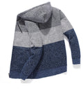 Casual men's hooded plus fleece warm sweater cardigan in colour-block design, front view, on a plain background.