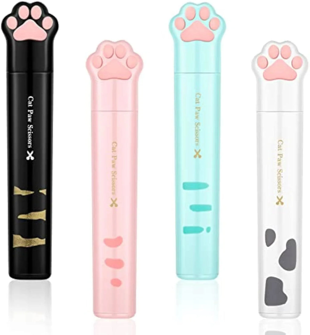 Cat paw mini folding scissors in pink, white, black and blue colours showing compact 8.7 cm size