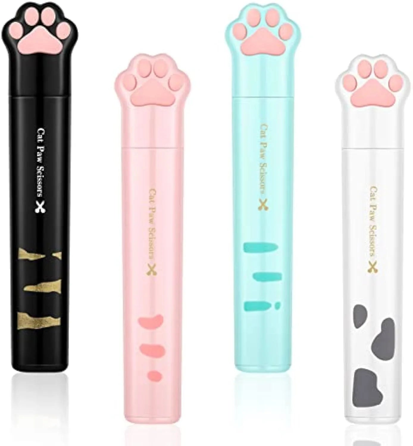 Cat paw mini folding scissors in pink, white, black and blue colours showing compact 8.7 cm size