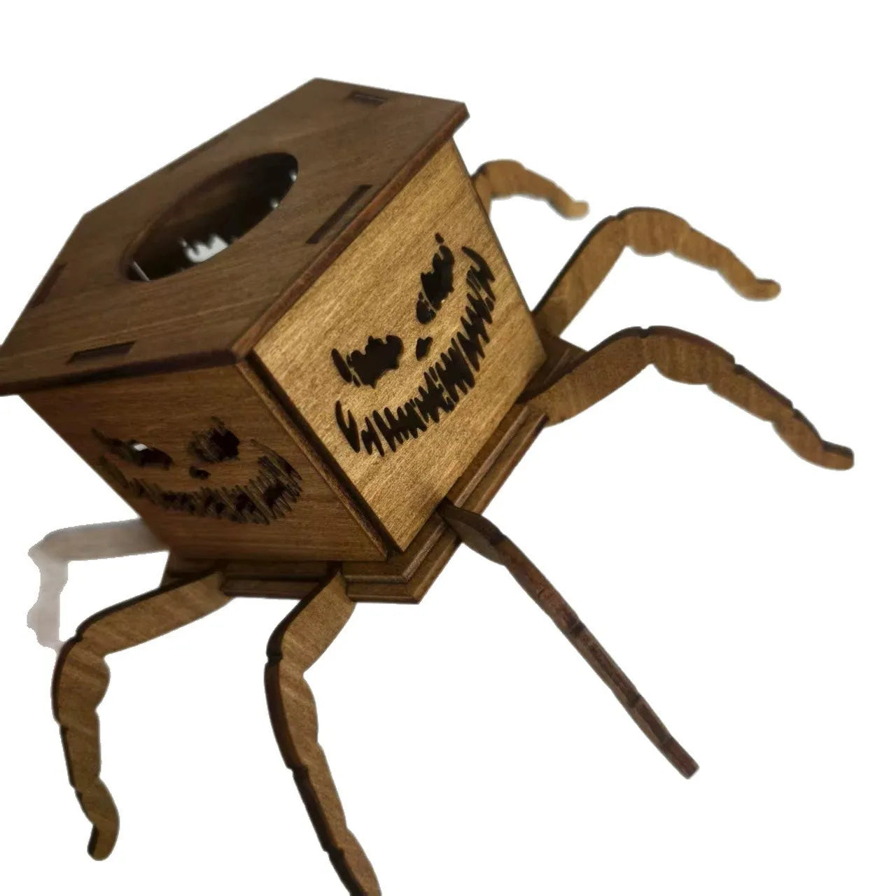 Wooden Halloween spider lantern candlestick decoration measuring 21cm tall