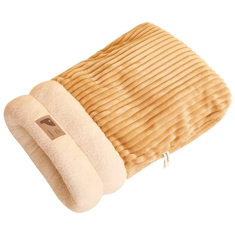 Brown semi-enclosed pet sleeping bag with plush lining for cats and dogs on wooden floor