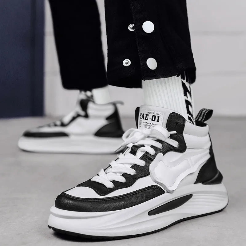 Men's black and white platform high-top board shoes with round toe and artificial PU construction