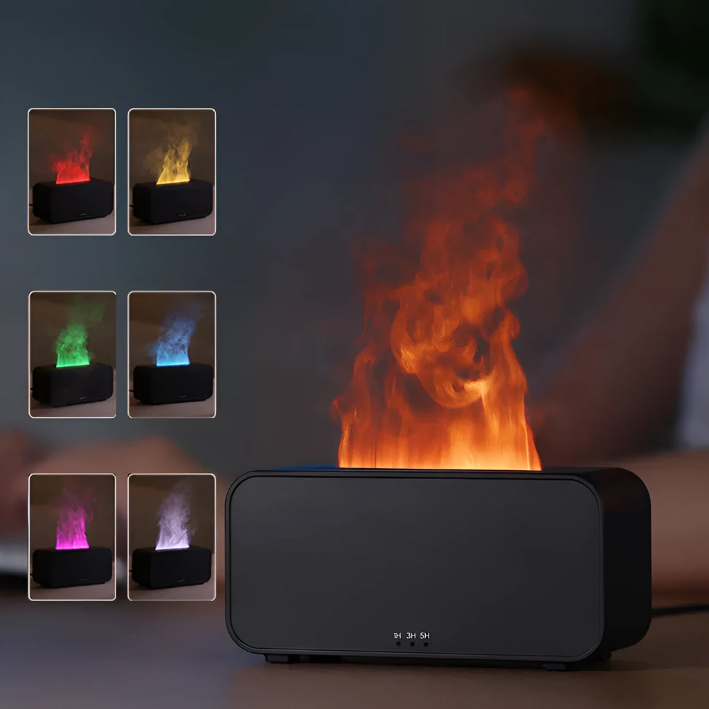 Black or white USB aromatherapy diffuser with simulated flame lighting and jellyfish smoke ring effect.