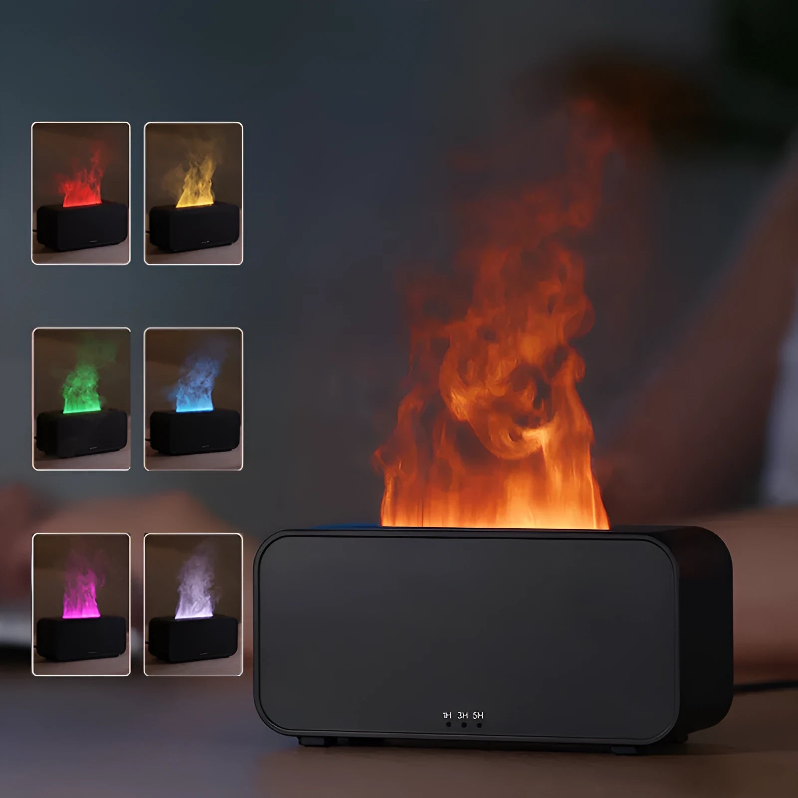 Black or white USB aromatherapy diffuser with simulated flame lighting and jellyfish smoke ring effect.