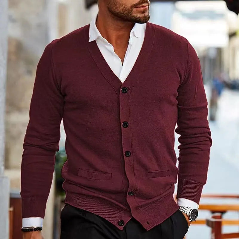 Men's slim fit acrylic cardigan sweater coat in dark grey colour showing long sleeve design and button front