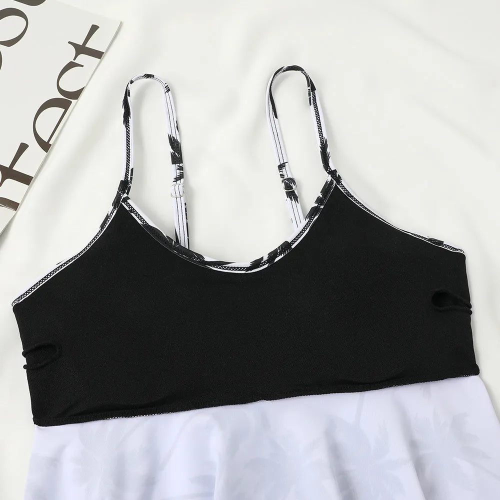 High waist double-layer swimsuit in black and coconut tree print, showing front view.