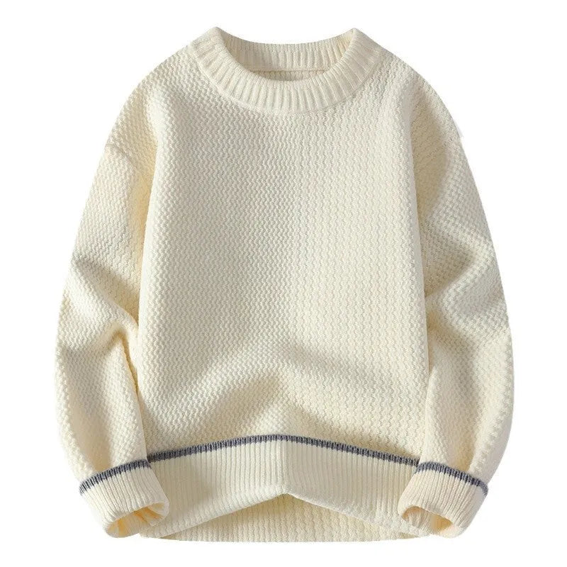 Grey loose fit men's round neck pullover sweater with long sleeves on a hanger.