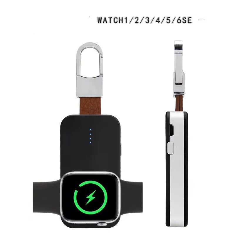 Black portable wireless power bank charger for Apple Watch on a keychain.