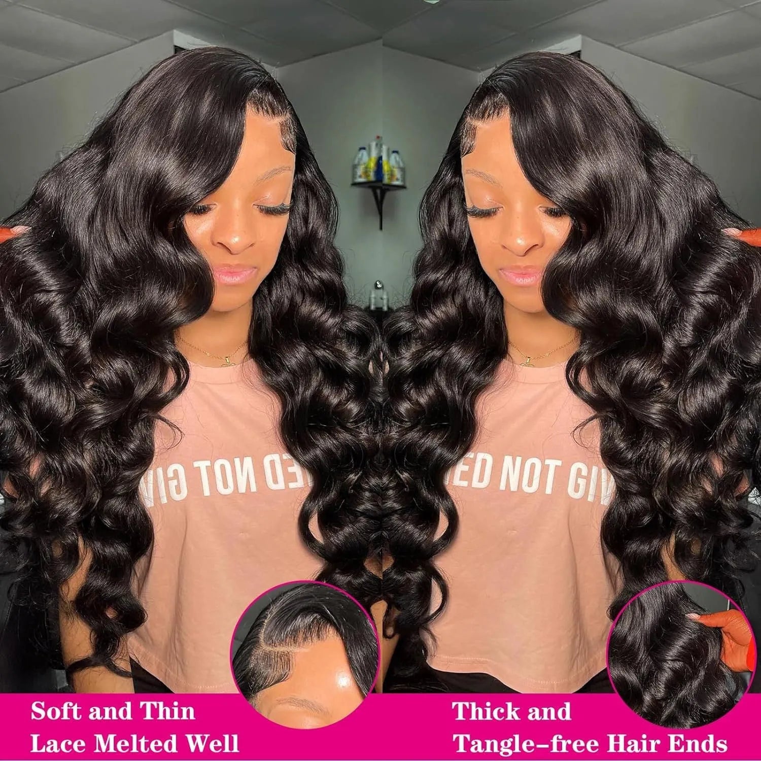 M1613 Black full-head synthetic wig with medium large curly waves and a lace mesh cap.