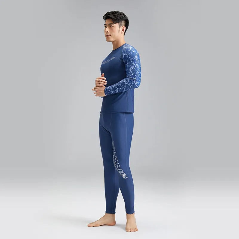 Men's dark blue nylon swimwear set with pattern detail showing swim top and trunks