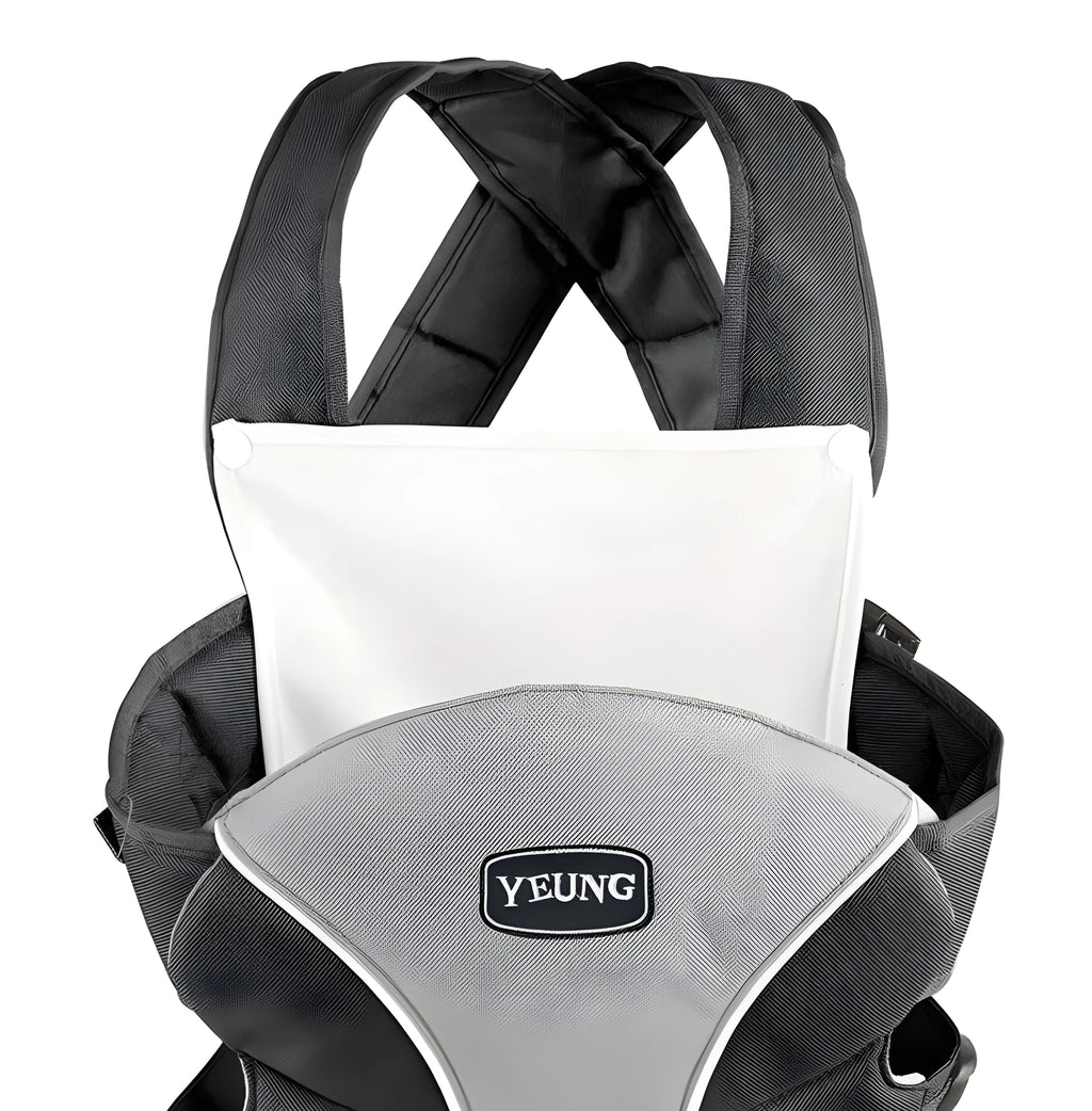 Double-shoulder baby carrier showing face-to-face carrying position with adjustable straps