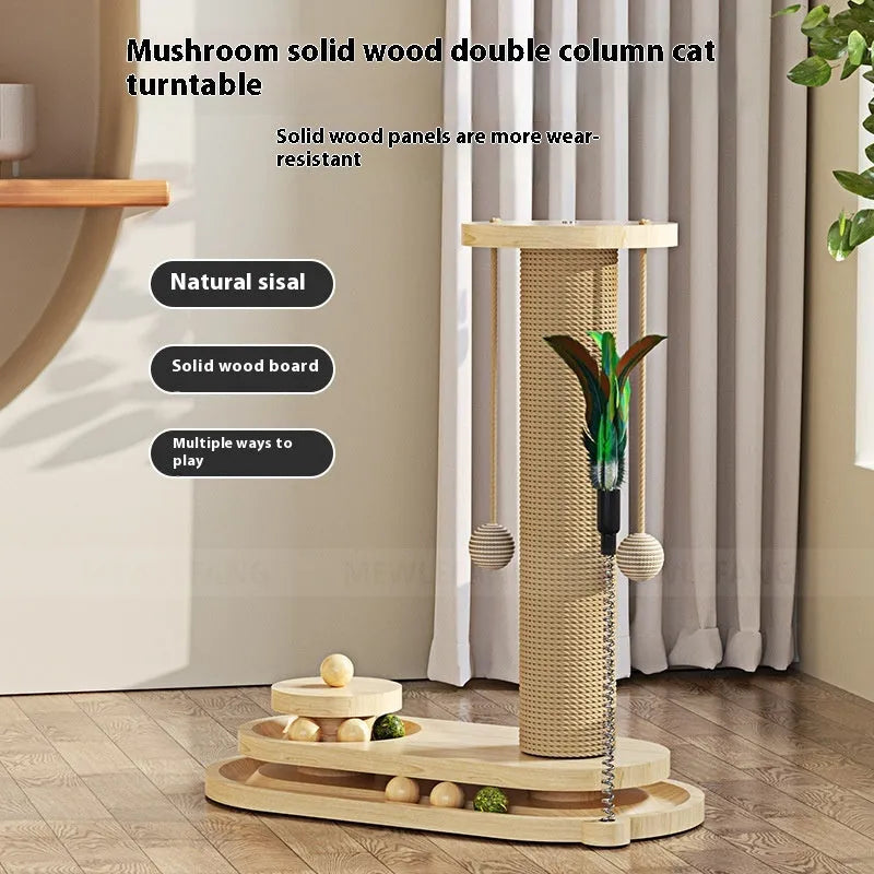 Solid wood cat turntable scratching post with interactive rotating platform