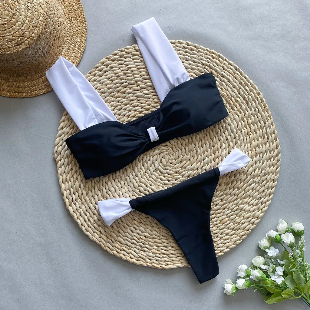 Women's leopard print and black bikini set with tube top and split-style briefs