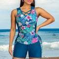 Plus size floral printed bikini with high waist brief and conservative backless design in navy blue colour