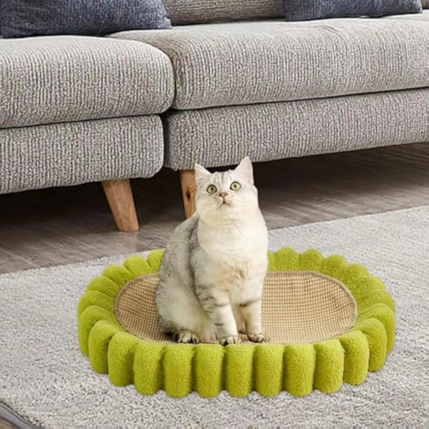 Green oval cat scratch pad bowl with sisal scratching surface and built-in cat bed
