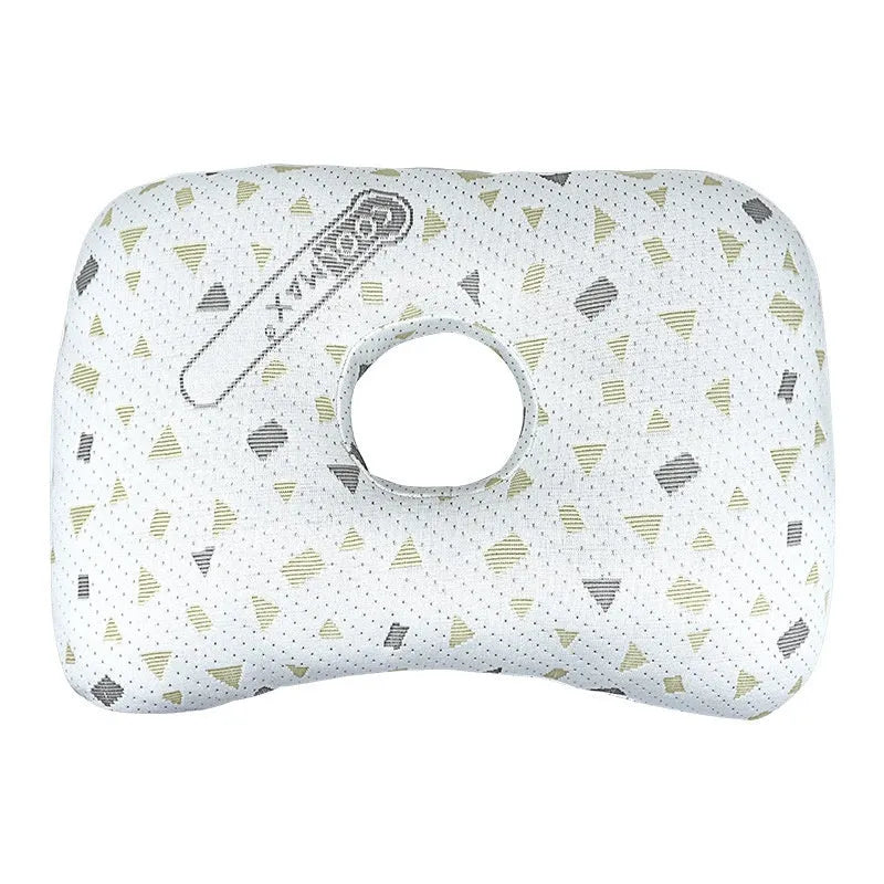 Beauty salon single hole ear pillow with detachable cover in grey, shown next to a towel.