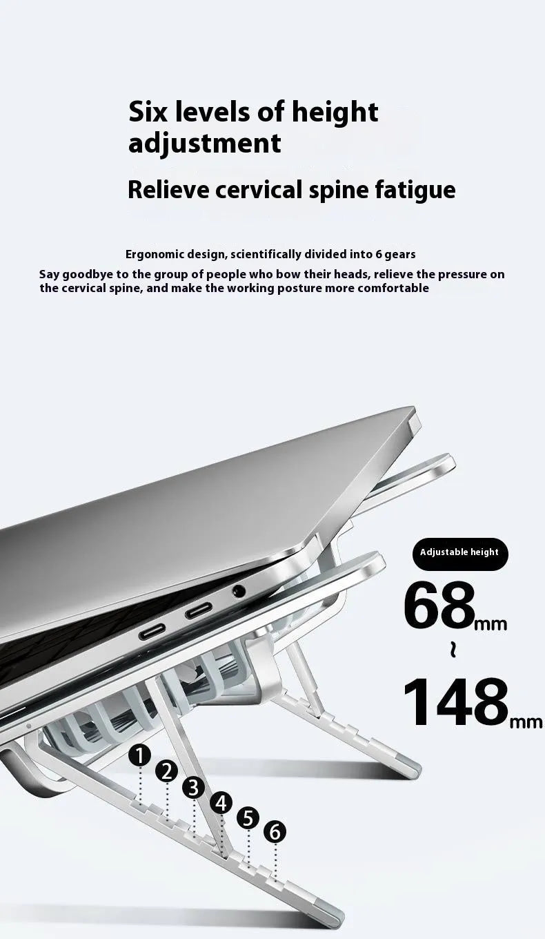 Silver aluminium laptop stand with twin cooling fans in folded position next to cloth storage bag