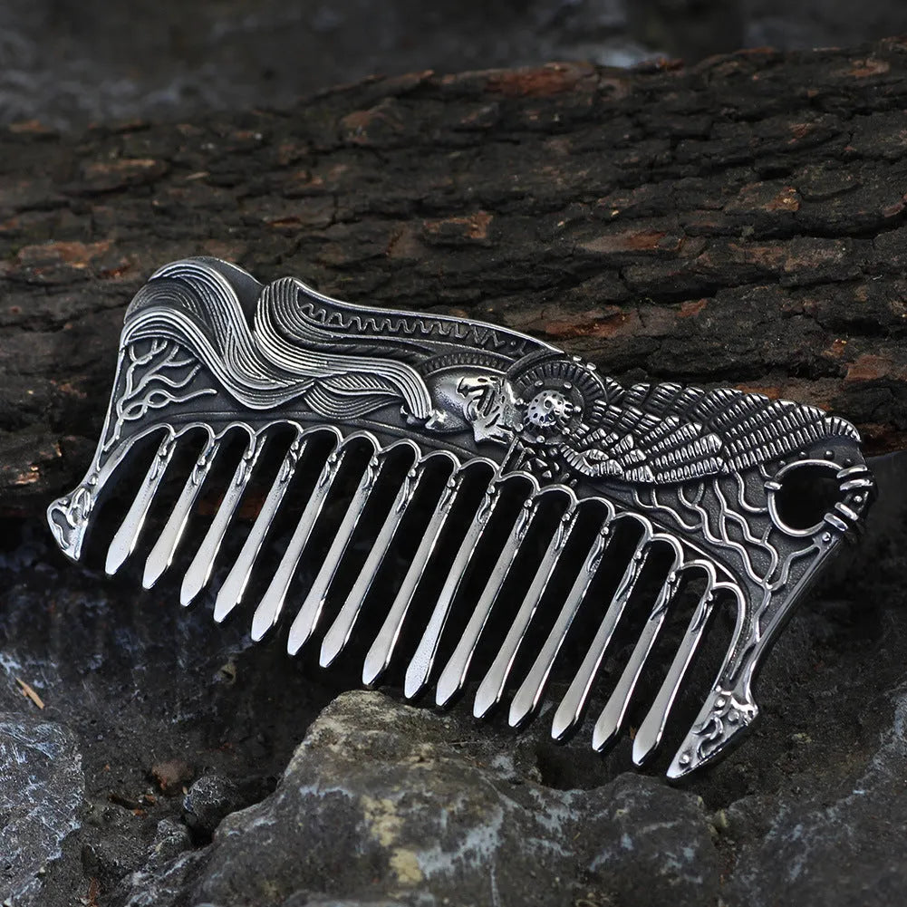 Nordic Viking stainless steel comb double-sided with Aoding crow design steel colour unisex