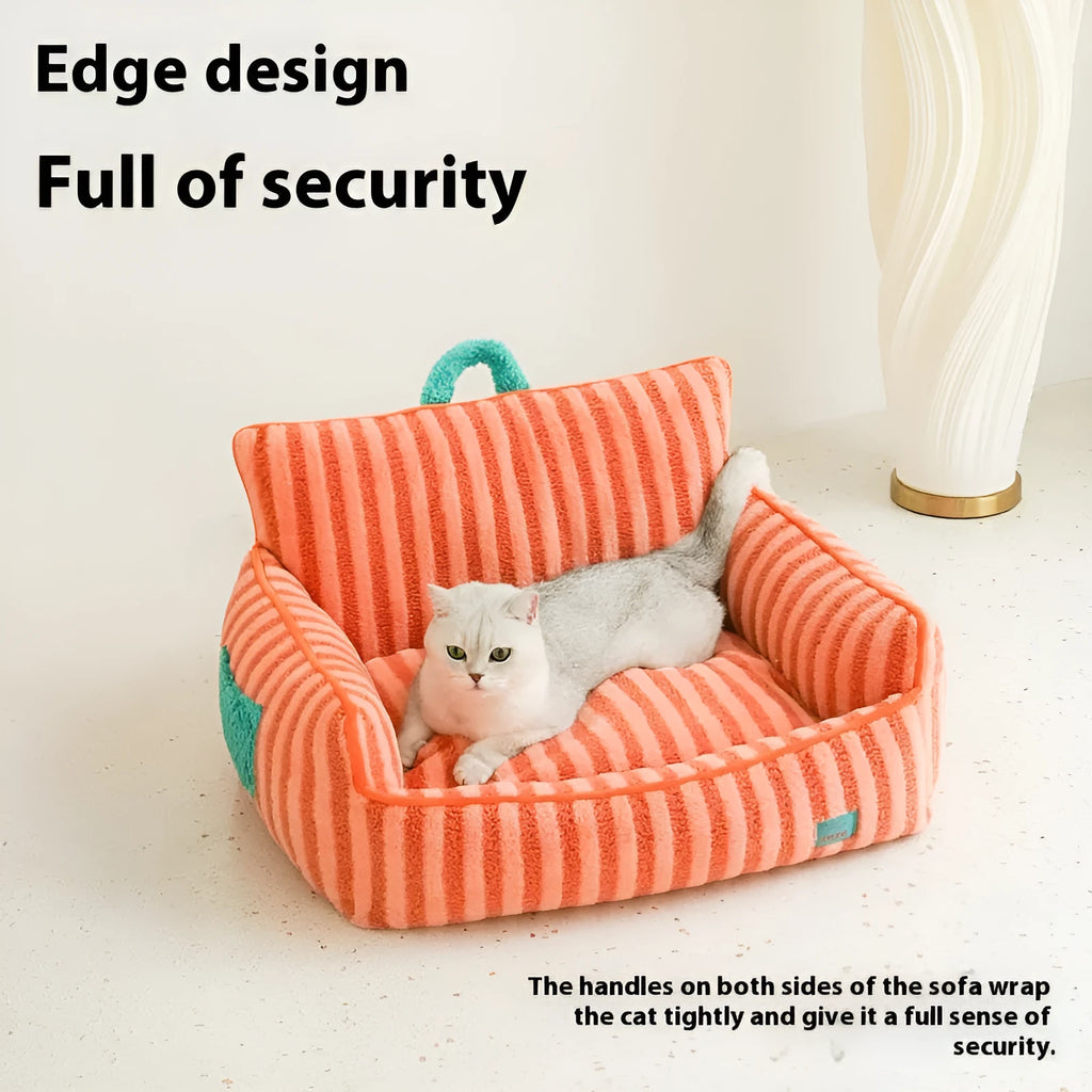Striped orange plush dog bed with a removable cover on a wooden floor.