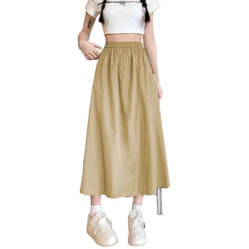 Camel coloured women's wide leg skirt with elastic waist and cropped length