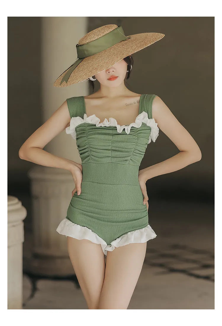 Korean style high-waist one-piece swimsuit in black, green, or pink with quick-drying polyester fabric