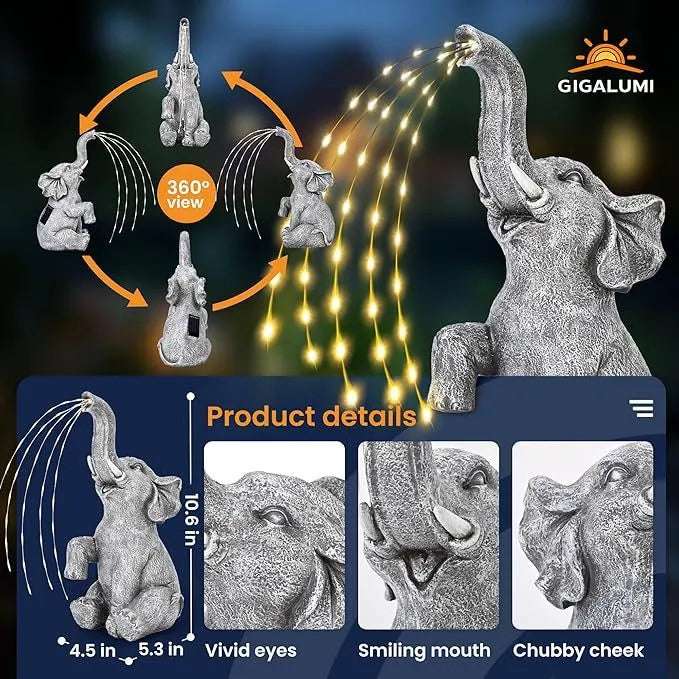 Resin elephant garden statue with built-in LED light strip for outdoor decoration.