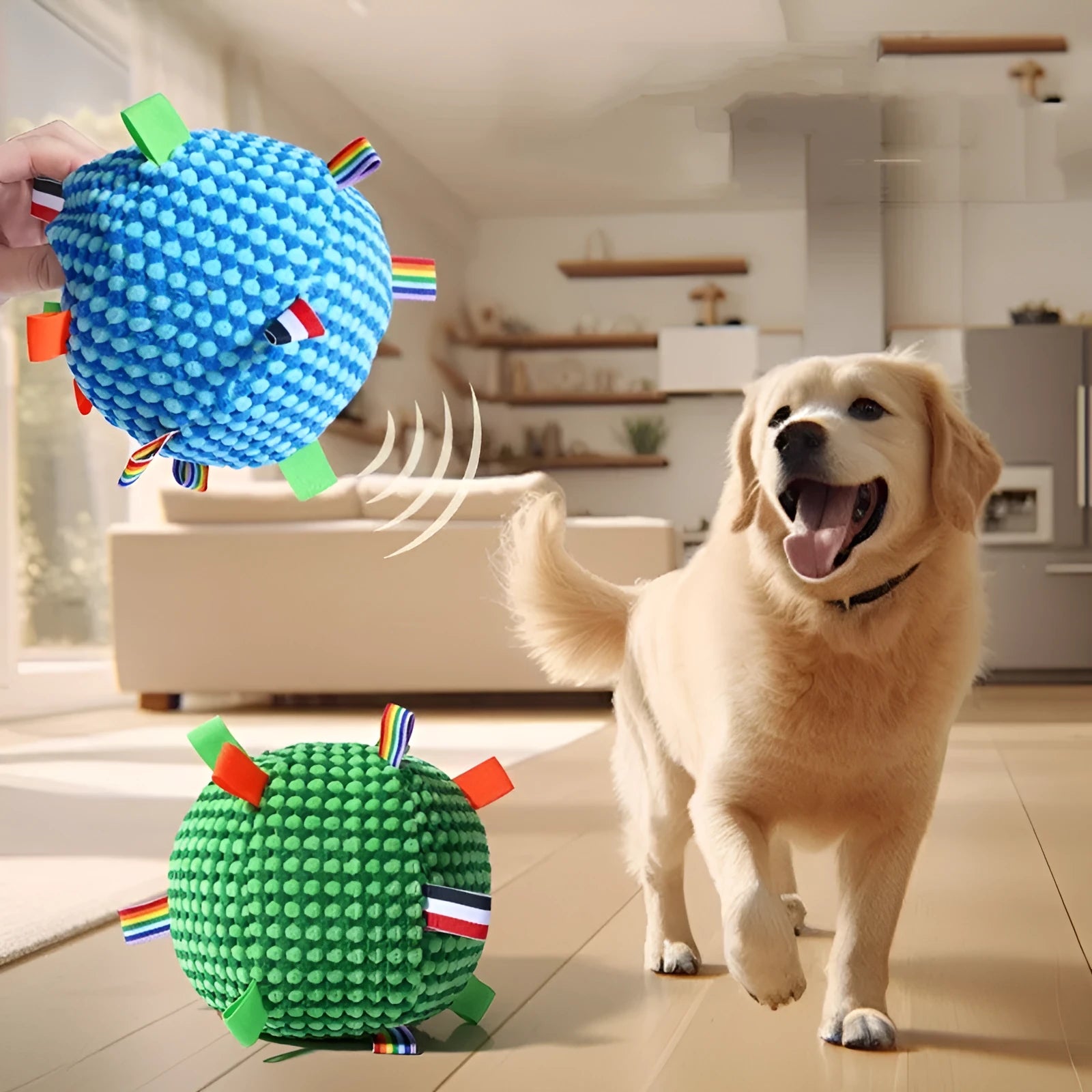 Blue and yellow durable pineapple lattice dog ball toy with ring rolling design, approx 17 cm diameter.
