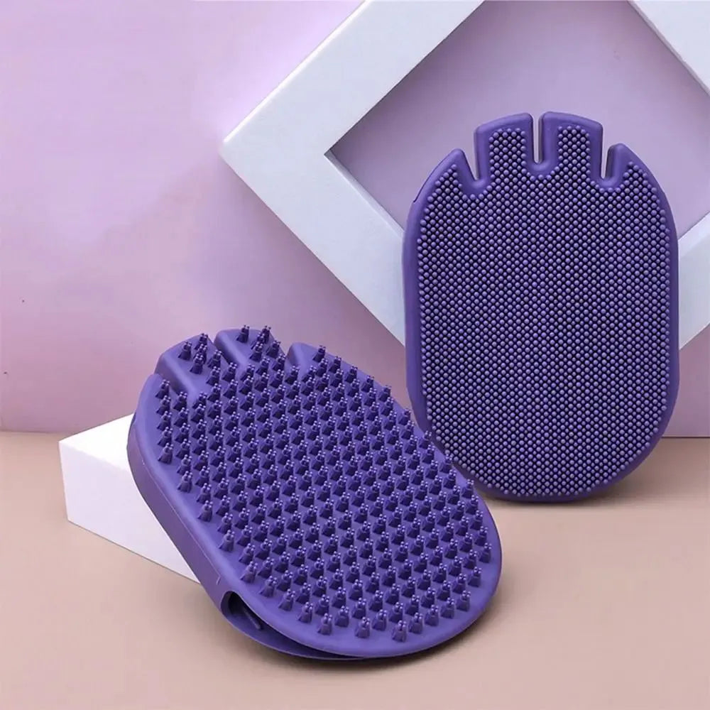 Purple dual-sided pet shampoo brush with soft TPR bristles for dog and cat bathing