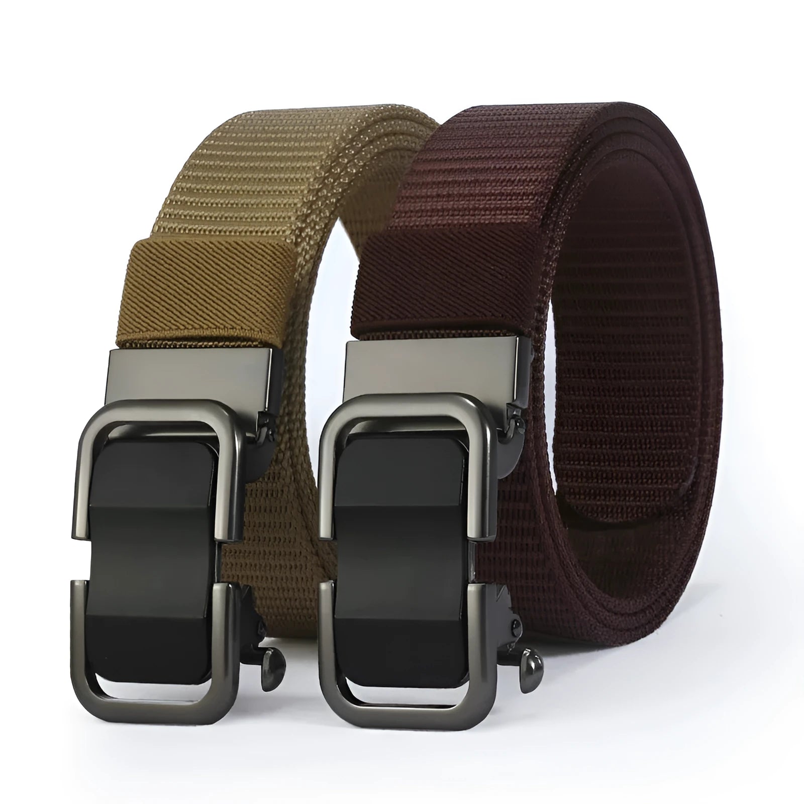 Men's nylon canvas toothless belt in Army Green with a silver alloy buckle, laid flat.