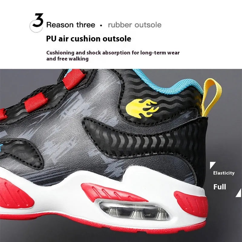 Children's black basketball shoes with rotating button fastening and cushion design