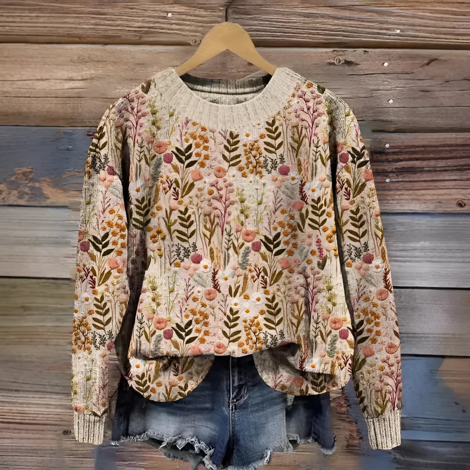 Little Flower digital printed round neck long sleeve sweater on a hanger.