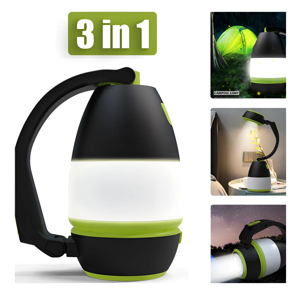 Black green foldable 3-in-1 LED camping lamp with USB charging port