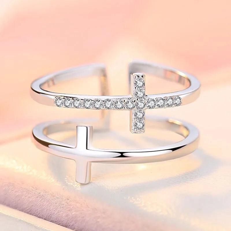 Geometric women's adjustable copper ring with zircon stone and sterling silver inlay.