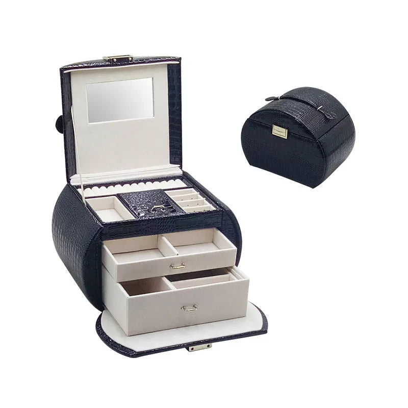 Leather jewellery storage drawer box with hard shell, 22.5x16x17cm, plain pattern, multiple colours