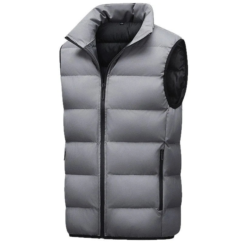 Men's casual waterproof polyester vest in black with straight hem, shown on model