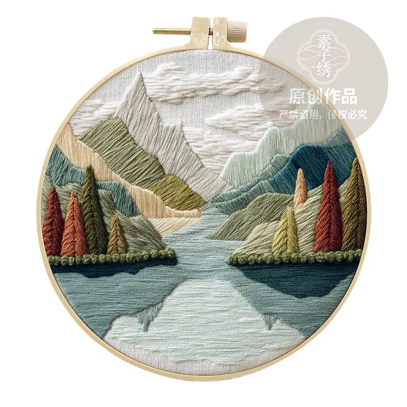 Embroidery DIY kit with 15cm bamboo frame, cotton linen fabric, and landscape design for handmade cloth art