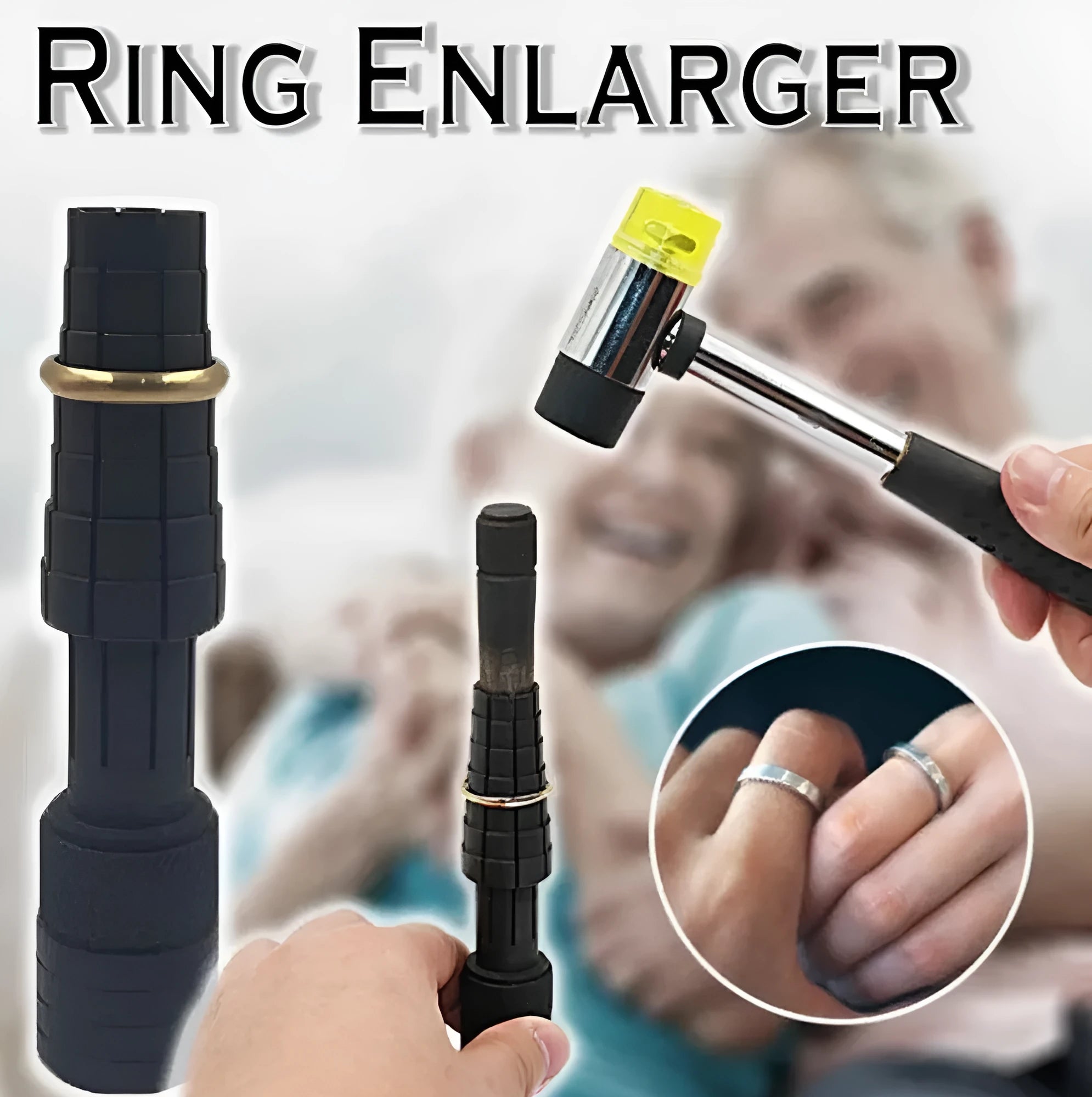 Black and silver ring expansion tool with base expander and rubber hammer for jewellery repair