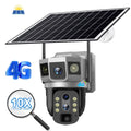 V380 outdoor smart monitor camera with solar panel on wall mount showing three-screen display