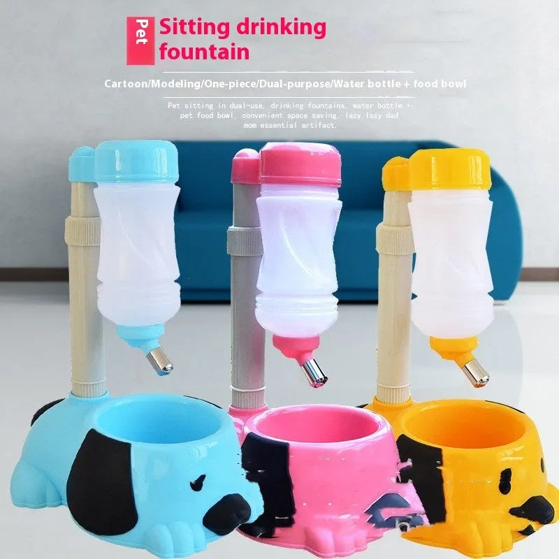 Adjustable pet drinking bowl with rod lift mechanism in blue colour showing height adjustment